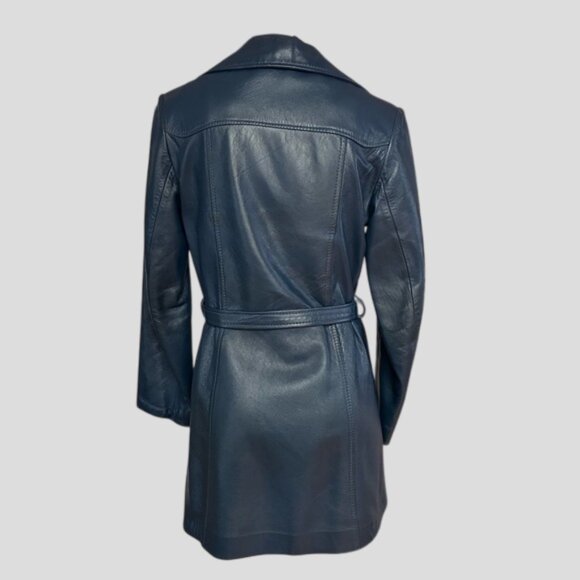 Vintage Emsleigh Royal Custom Blue Leather Long Belted Jacket 1970's - Picture 2 of 16